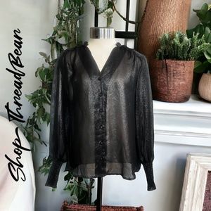 EUC [Nanette Lepore] Shimmery Black Button Down Top Sheer Sparkly Blouse | Large